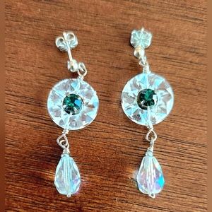 Handmade Sterling Silver Post Dangle Earrings With Green & AB Crystals